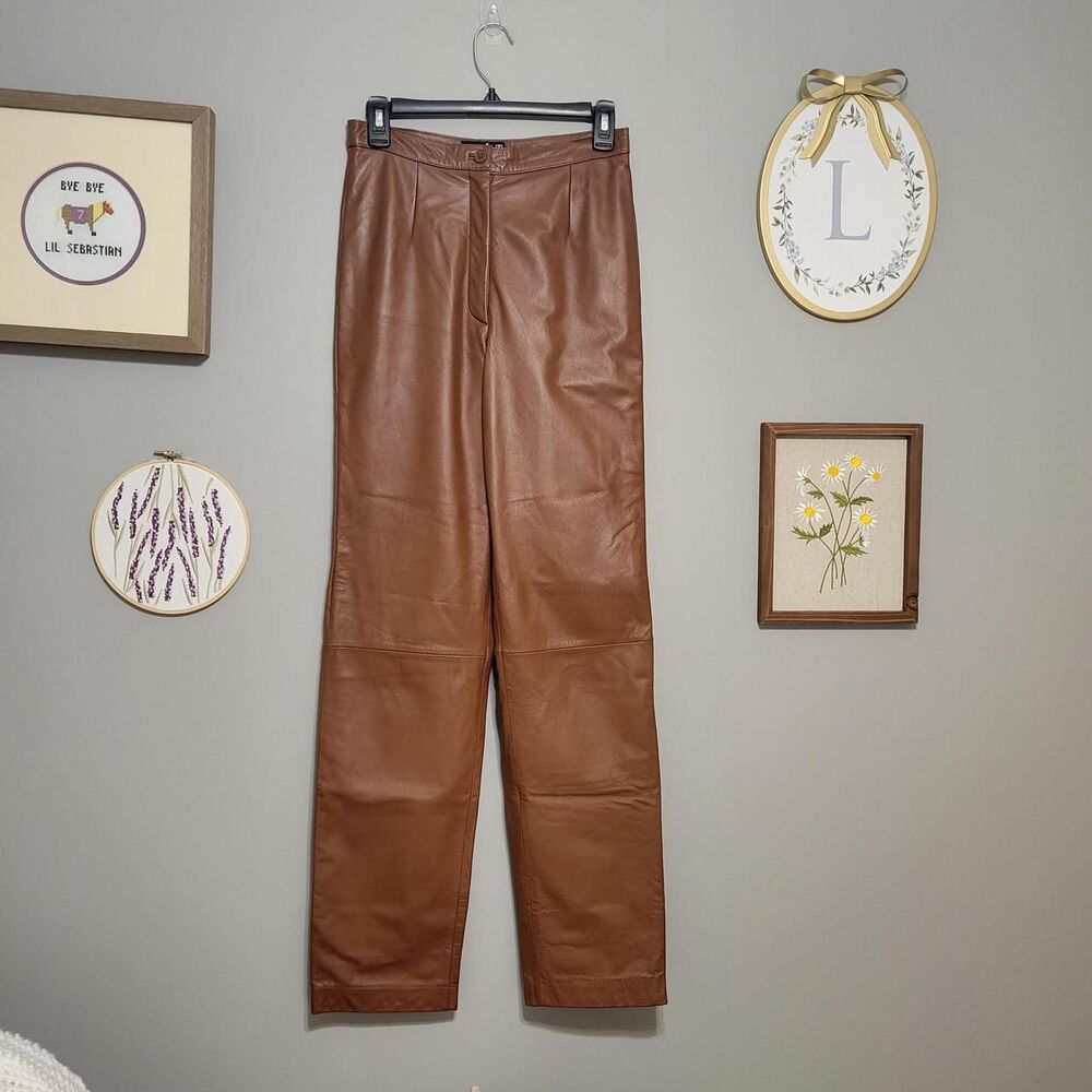 VTG Y2K Mixit Cognac Brown Leather Trouser Straight High Rise Academia Lux Retro